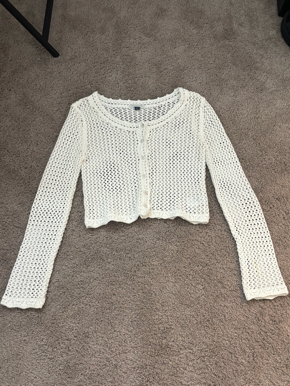 American Eagle Outfitters Cream Crochet Button-Front Crop Cardigan